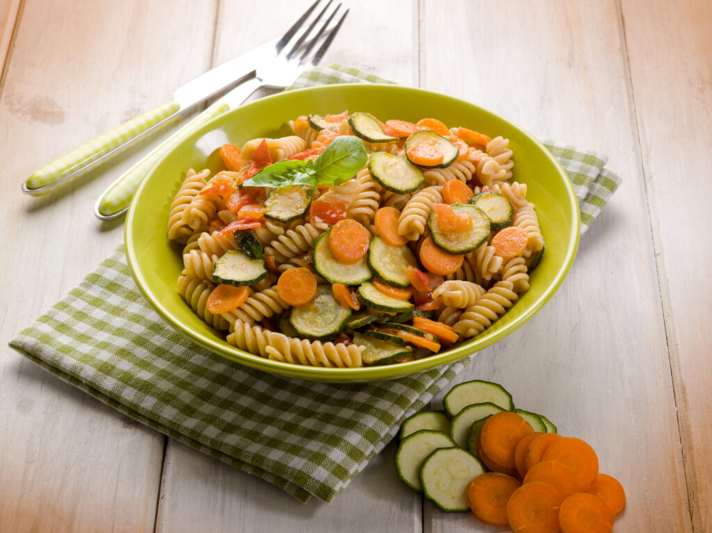 Plated Veggie Pasta with Fresh Basil and Parmesan - Quick Weeknight Dinner