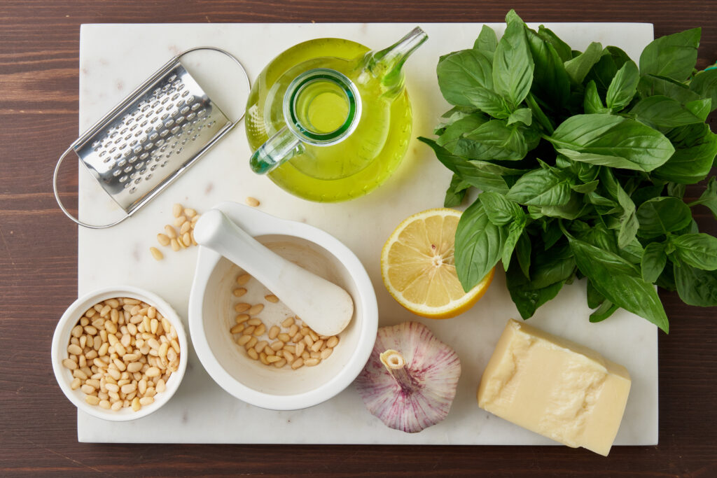 Fresh Ingredients for Zucchini Noodles with Pesto - Zucchini, Basil, Parmesan, Pine Nuts