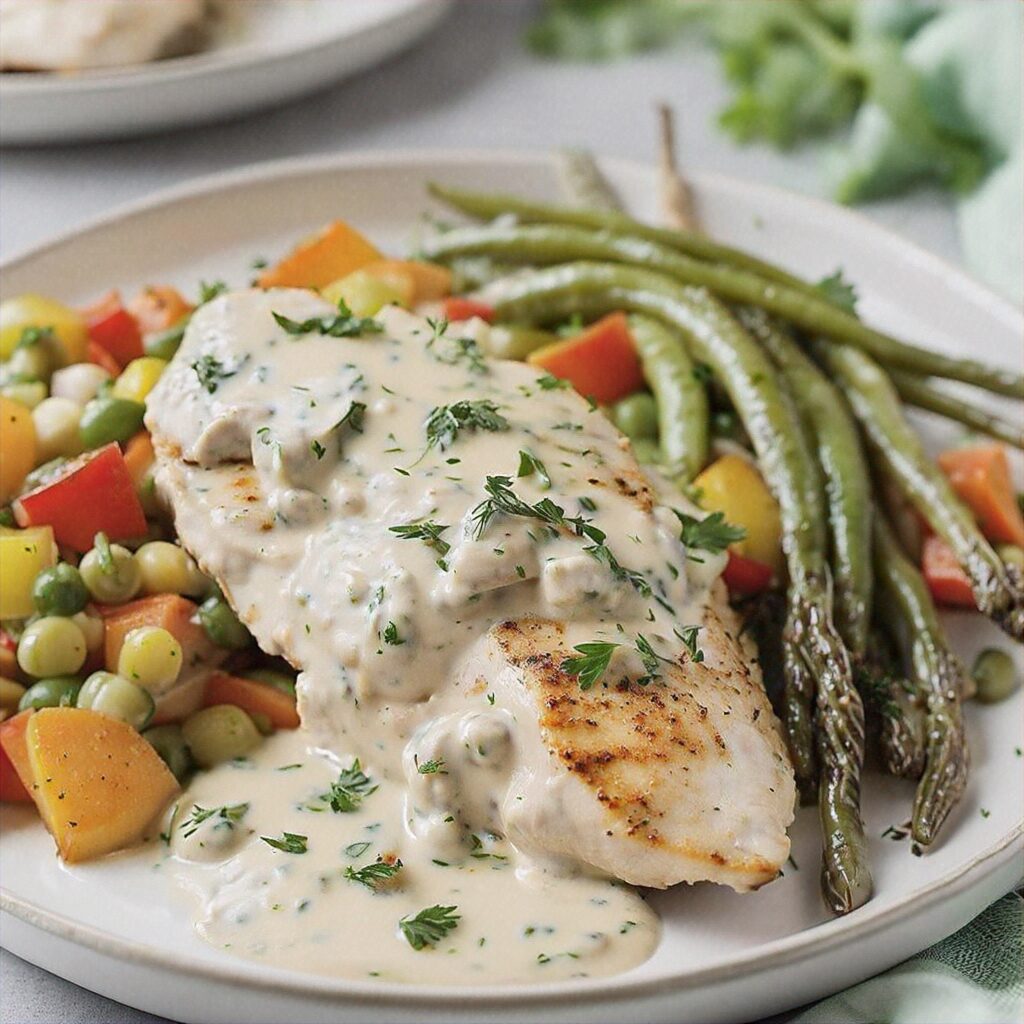 Creamy garlic chicken recipe from GrinRecipes, featuring juicy chicken breasts in a rich garlic sauce