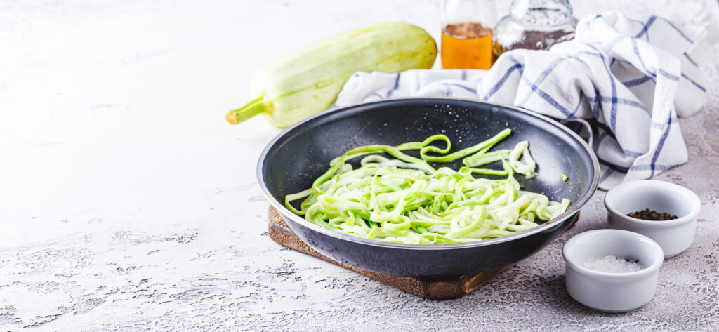 Fresh Ingredients for Zucchini Noodles with Pesto - Zucchini, Basil, Parmesan, Pine Nuts