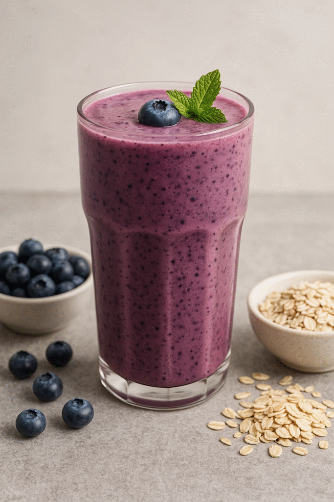 Healthy Breakfast Smoothie with Berries & Oats 2 tall glass of healthy breakfast smoothie with berries and oats