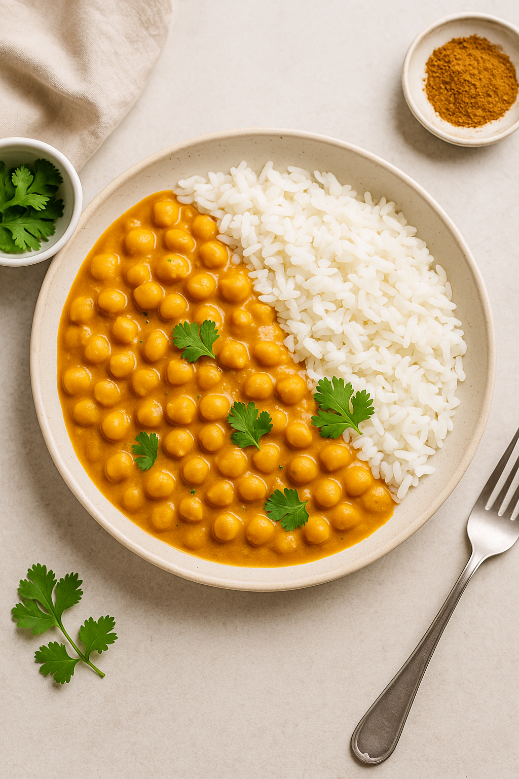Chickpea curry with coconut milk served with rice and cilantro garnish