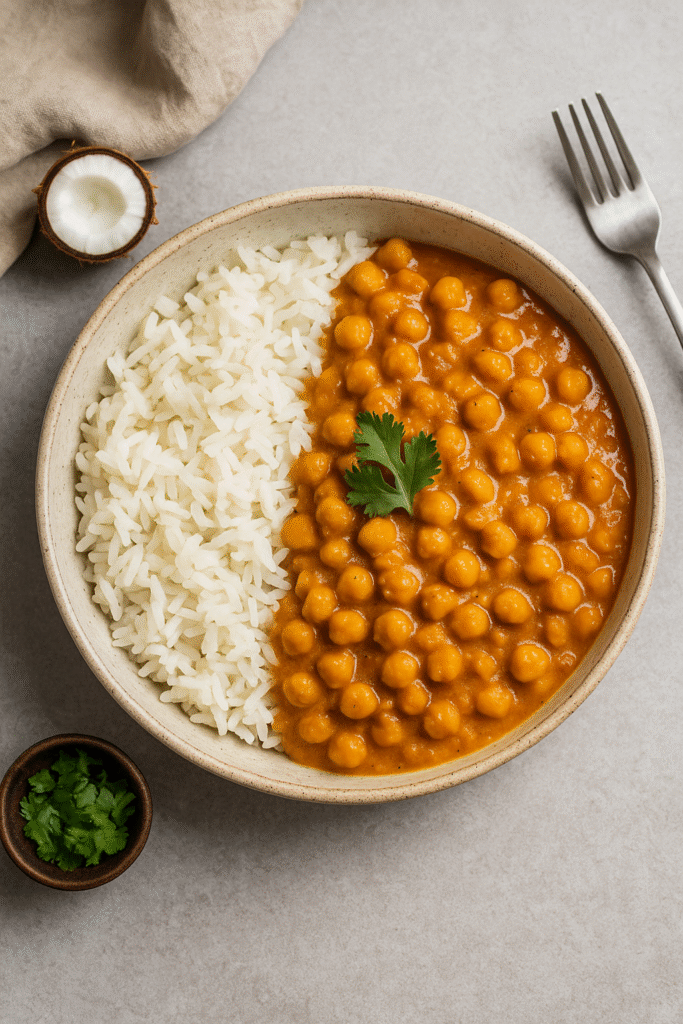 Overhead view of chickpea curry with coconut milk served with rice and cilantro garnish