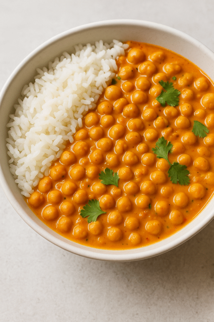 Bowl of chickpea curry with coconut milk and rice garnished with cilantro