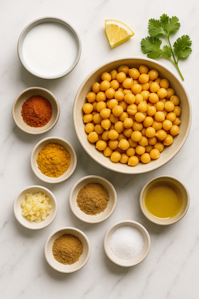 Ingredients for chickpea curry: chickpeas, coconut milk, spices and cilantro on a white surface