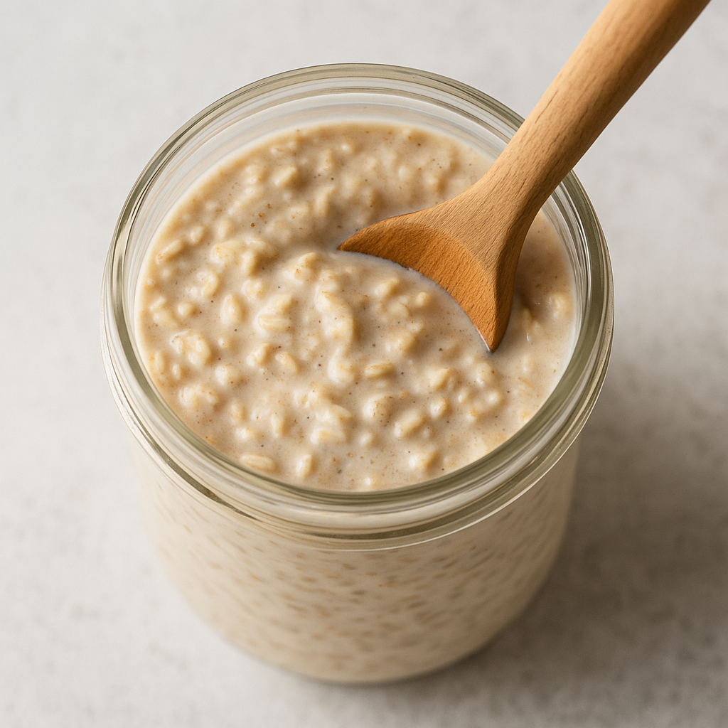 Strawberry Banana Overnight Oats (Meal Prep Recipe) 3 Overnight oats being stirred with a wooden spoon in a jar for strawberry banana overnight oats recipe