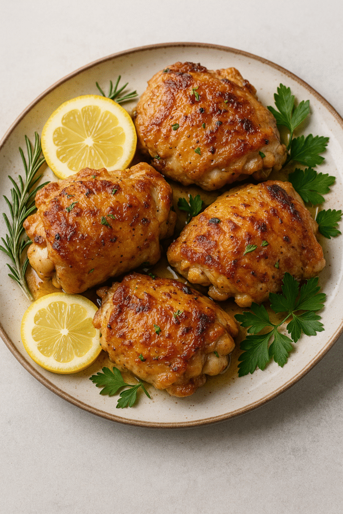 Air Fryer Lemon Garlic Chicken Thighs 1 Cooked air fryer chicken thighs with lemon and garlic garnished with lemon slices and parsley on a plate