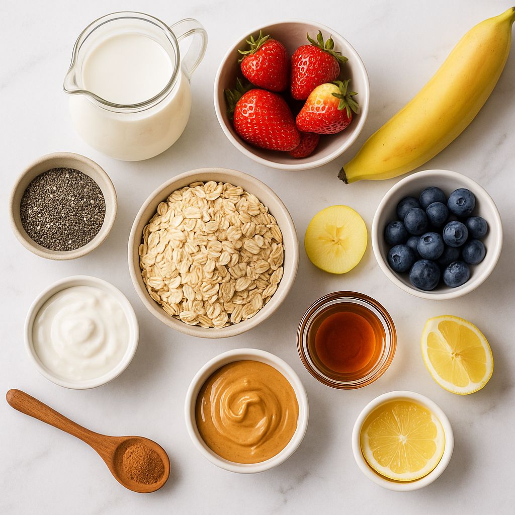 Strawberry Banana Overnight Oats (Meal Prep Recipe) 2 Flat lay of strawberry banana overnight oats ingredients: rolled oats, milk, chia seeds, yogurt, honey, strawberries, banana, blueberries and lemon