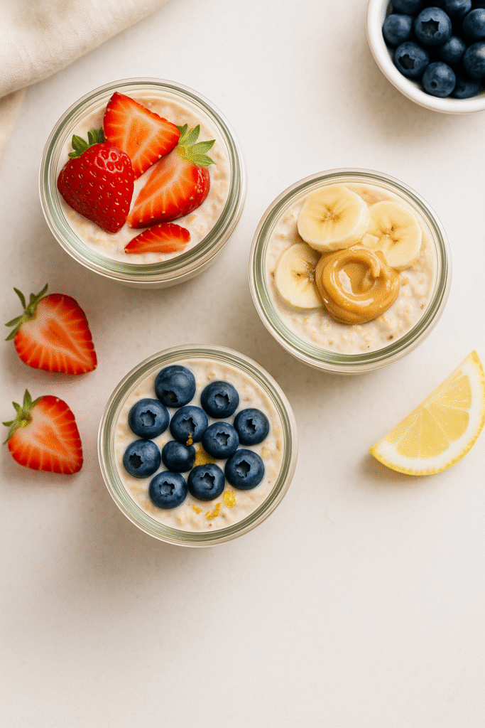 Blueberry Lemon Overnight Oats (Meal Prep Breakfast) 1 Jars of overnight oats topped with strawberries, banana with peanut butter, and blueberries with lemon slices