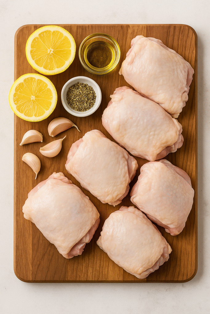 Air Fryer Lemon Garlic Chicken Thighs 2 Raw chicken thighs with lemon, garlic, and herbs on a wooden board, ingredients for air fryer chicken thighs recipe