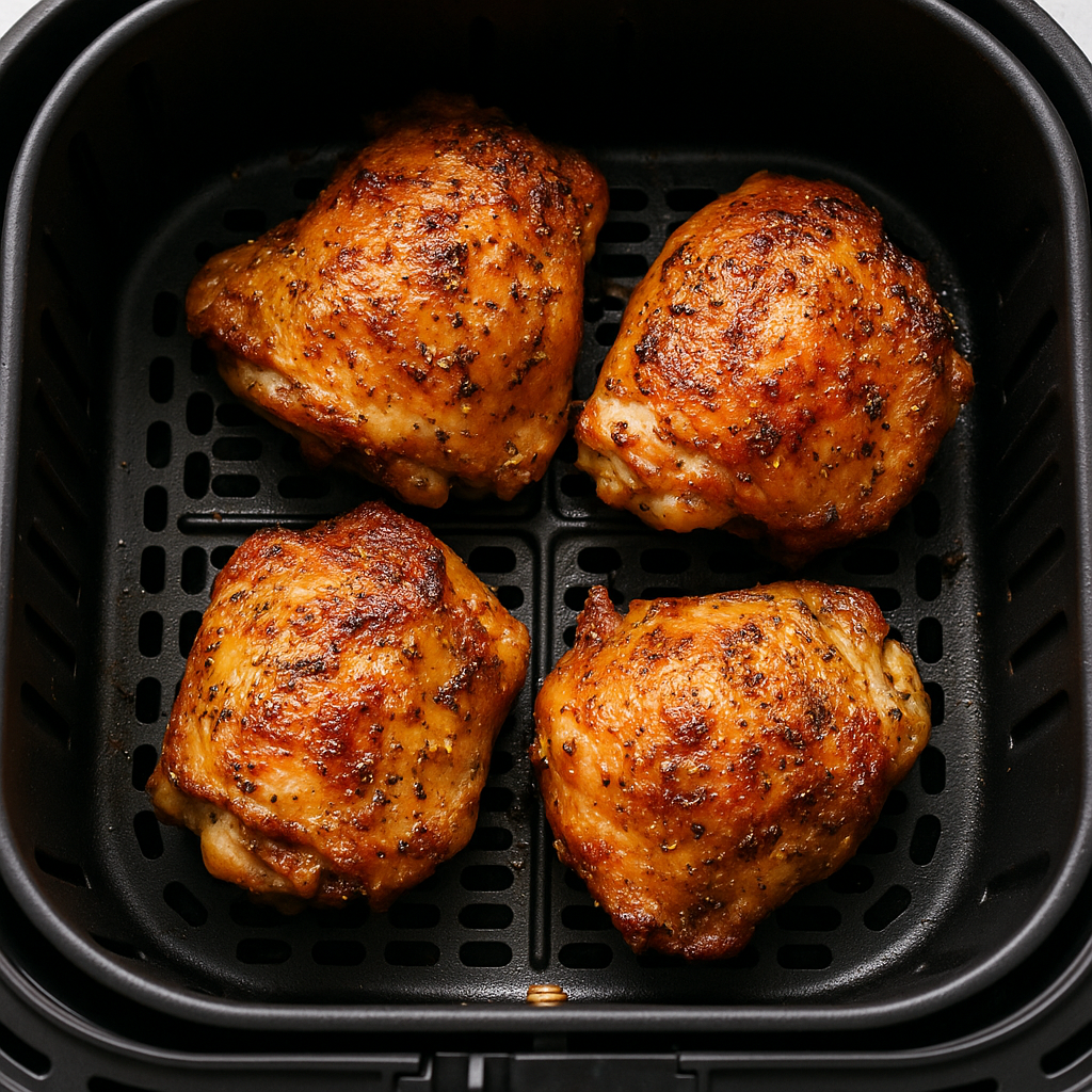 Air Fryer Lemon Garlic Chicken Thighs 3 Chicken thighs cooking in an air fryer basket for air fryer chicken thighs recipe