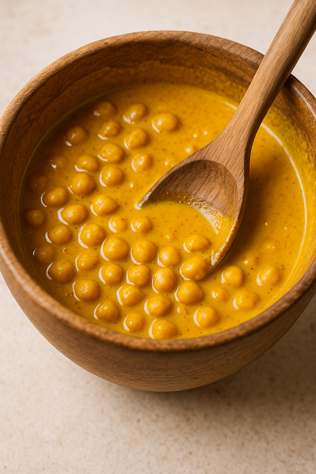 Chickpea soup with coconut milk and turmeric in a wooden bowl with spoon